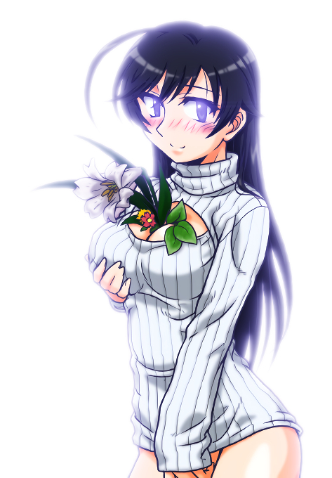 Hana smiles while blushing, wearing only a white keyhole sweater, revealing her generous cleavage.  In the space between her breasts lay an arrangement of flowers: a large white lily, accompanied by a smaller red fern leaf peony and a yellow marigold.